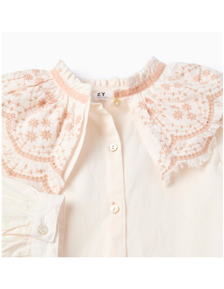 Blusa de popelina con detalles bordados para niña, blanco/rosa