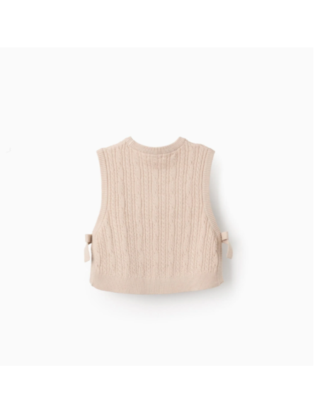 Chaleco de Punto Trenzado con Lazos para Niña, Beige