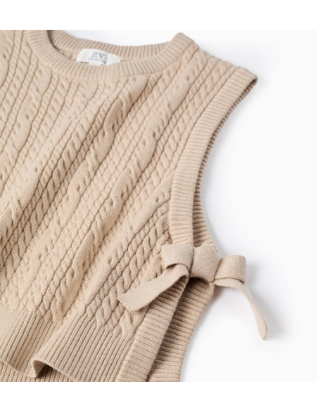 Chaleco de Punto Trenzado con Lazos para Niña, Beige