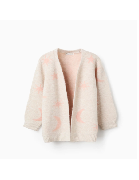 Chaqueta larga de punto con lúrex y bordado para niña, beige/rosa