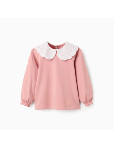 Camiseta con Cuello Bordado Inglés y Volantes para Niña,...