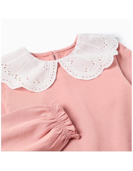 Camiseta con Cuello Bordado Inglés y Volantes para Niña, Rosa