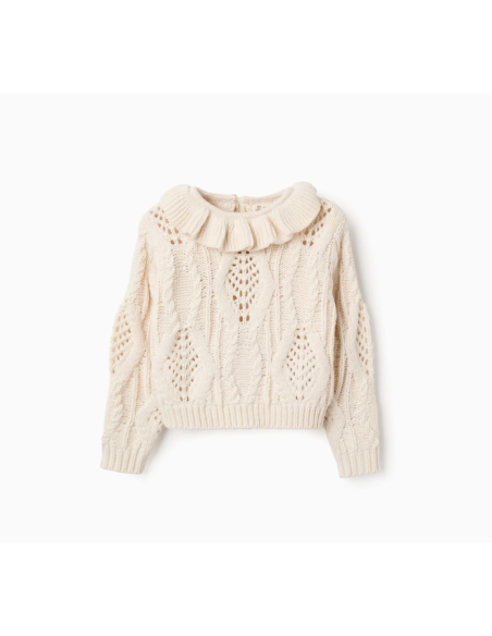 Jersey de Punto Grueso con Cuello de Volantes para Niña, Beige