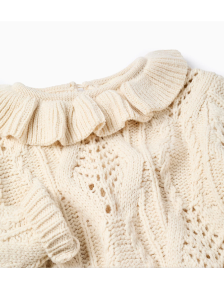 Jersey de Punto Grueso con Cuello de Volantes para Niña, Beige