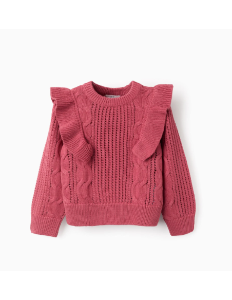 Jersey de Punto Calado con Volantes para Niña, Rosa