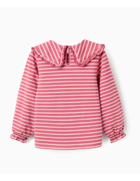 Camiseta a Rayas con Cuello Maxi y Volantes para Niña, Rosa/Blanco