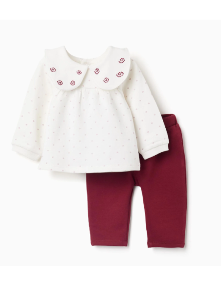 Sudadera + pantalón perchados para recién nacida, blanco/burdeos