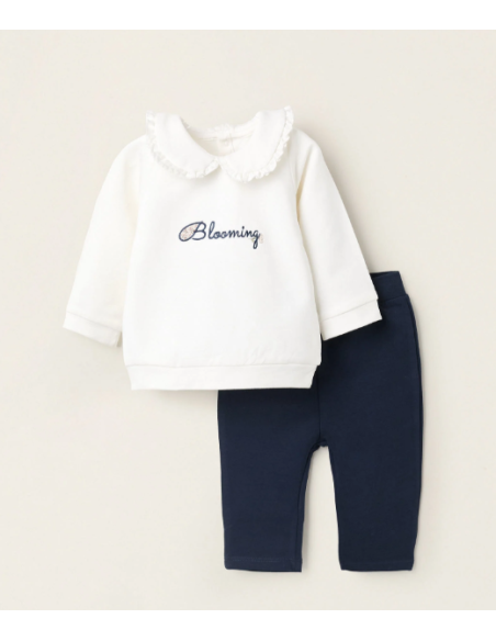 Sweat + Pantalón para Recién Nacida 'Blooming', Blanco/Azul Oscuro