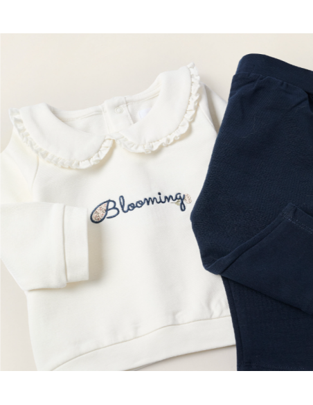 Sweat + Pantalón para Recién Nacida 'Blooming', Blanco/Azul Oscuro