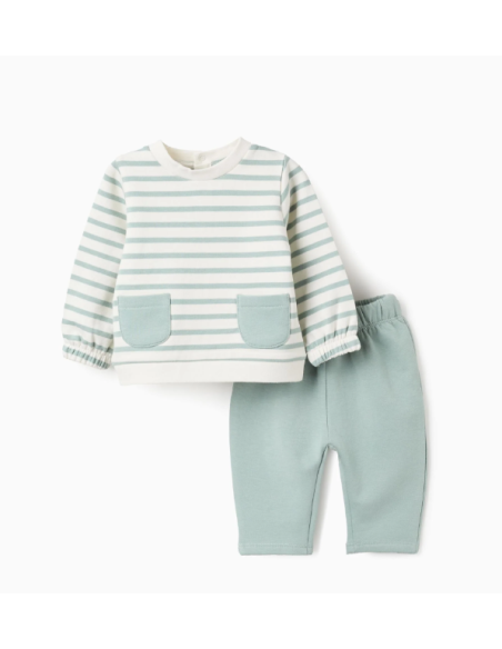 Sudadera + Pantalón Rayas para Recién Nacida, Blanco/Verde Agua