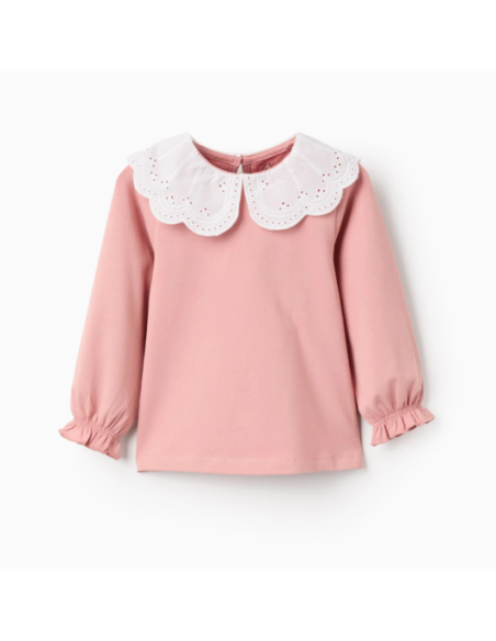 Camiseta con Cuello Bordado Inglés y Volantes para Bebé Niña, Rosa