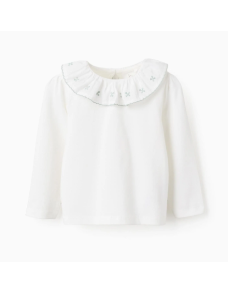Camiseta con Cuello de Volante y Bordado para Bebé Niña, Blanco/Verde
