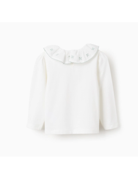 Camiseta con Cuello de Volante y Bordado para Bebé Niña, Blanco/Verde