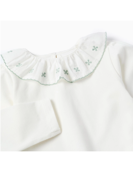 Camiseta con Cuello de Volante y Bordado para Bebé Niña, Blanco/Verde