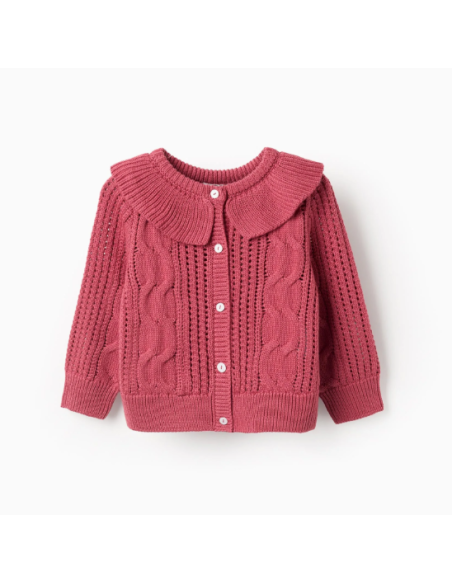 Chaqueta de Punto Calado con Efectos y Volantes para Bebé Niña, Rosa