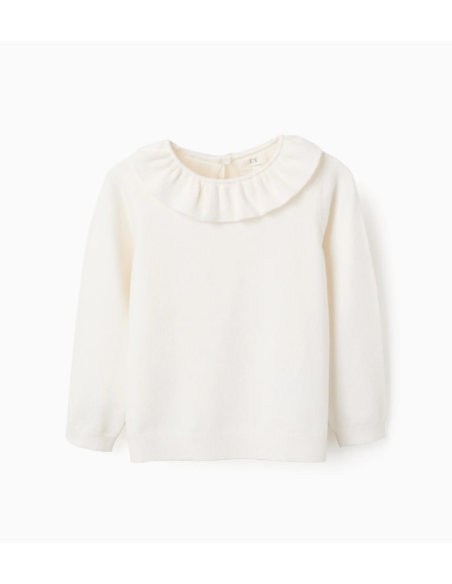 Jersey de Punto Fino con Volantes para Niña, Blanco