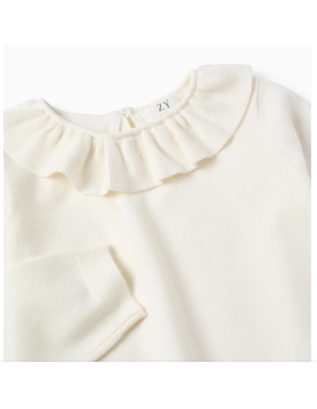 Jersey de Punto Fino con Volantes para Niña, Blanco