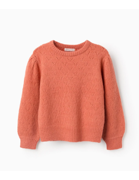 Jersey de Punto Calado y Hombros Caídos para Niña, Naranja