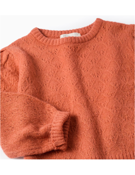 Jersey de Punto Calado y Hombros Caídos para Niña, Naranja