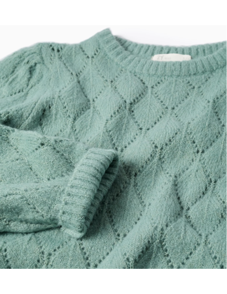 Jersey de Punto Calado y Hombros Caídos para Niña, Verde