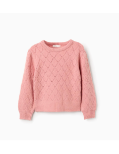 Jersey de Punto Calado y Hombros Caídos para Niña, Rosa