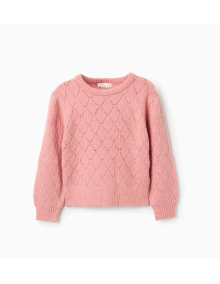 Jersey de Punto Calado y Hombros Caídos para Niña, Rosa