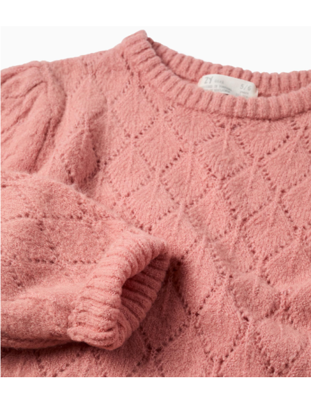 Jersey de Punto Calado y Hombros Caídos para Niña, Rosa