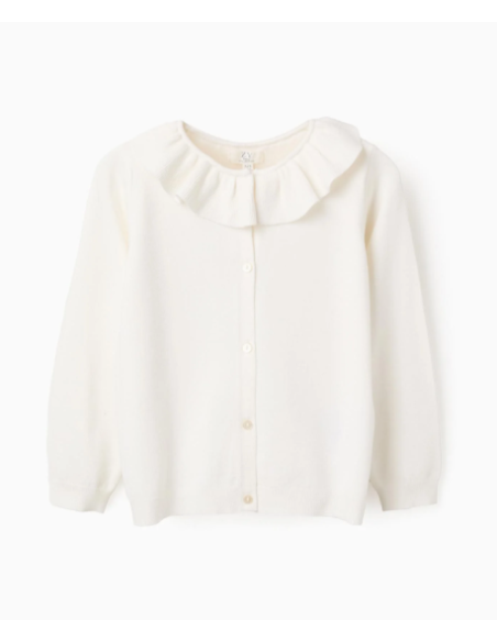 Chaqueta de Punto Fino con Volantes para Niña, Blanco