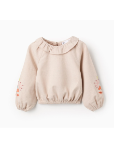 Blusa de Niña en Sarga con Volantes y Bordado de Flores,...