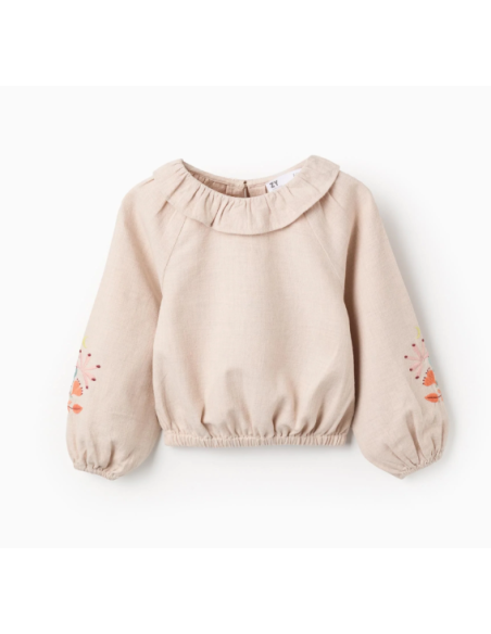 Blusa de Niña en Sarga con Volantes y Bordado de Flores, Beige