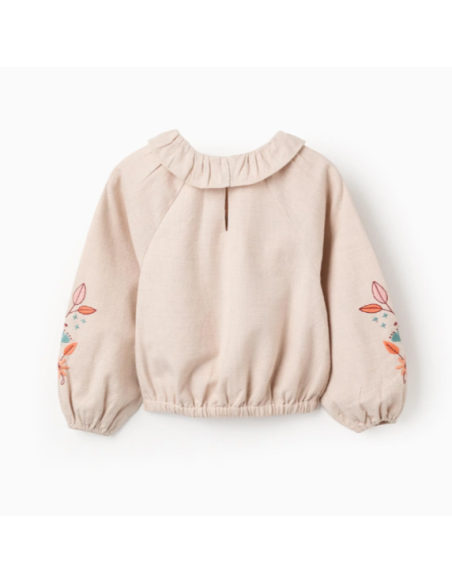 Blusa de Niña en Sarga con Volantes y Bordado de Flores, Beige