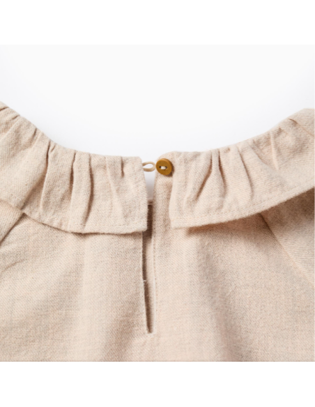 Blusa de Niña en Sarga con Volantes y Bordado de Flores, Beige