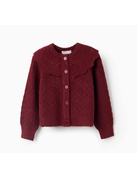 Chaqueta de punto calado con cuello de volantes para niña, burdeos