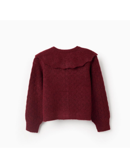 Chaqueta de punto calado con cuello de volantes para niña, burdeos