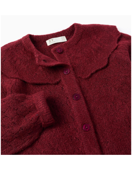 Chaqueta de punto calado con cuello de volantes para niña, burdeos