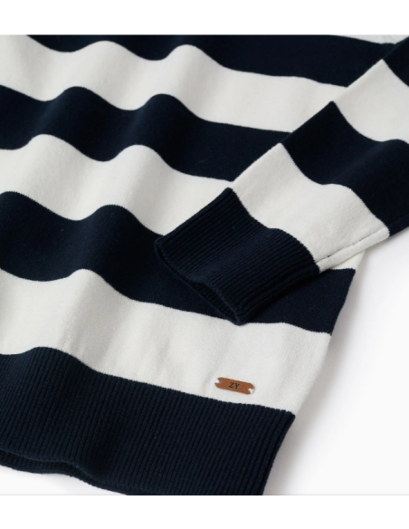 Jersey de punto Fino a Rayas para Niño, blanco/Azul Oscuro