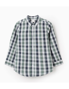 Camisa de Algodón con Cuadros para Niño, Verde/Azul Oscuro