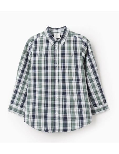 Camisa de Algodón con Cuadros para Niño, Verde/Azul Oscuro