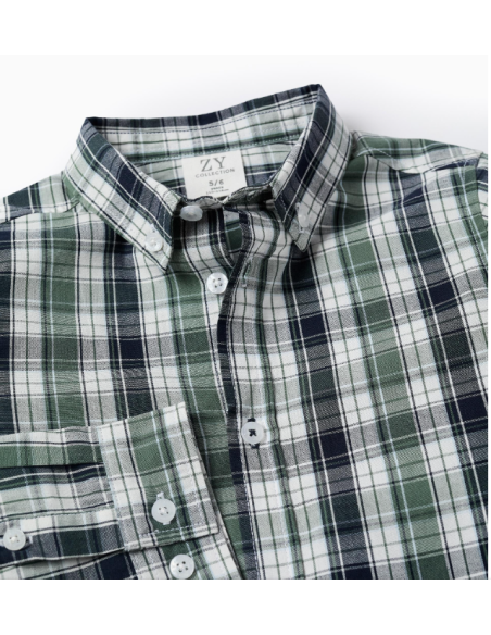 Camisa de Algodón con Cuadros para Niño, Verde/Azul Oscuro