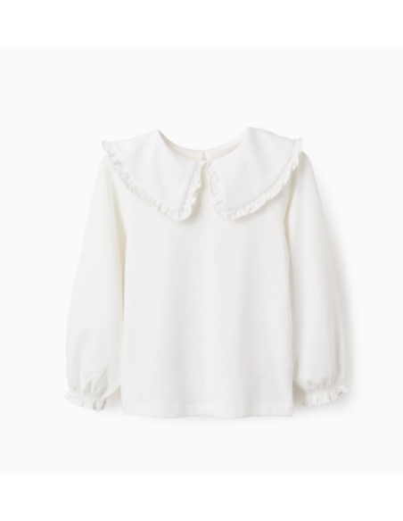 Camiseta con Cuello Maxi y contorno de Volante para Niña, Blanco