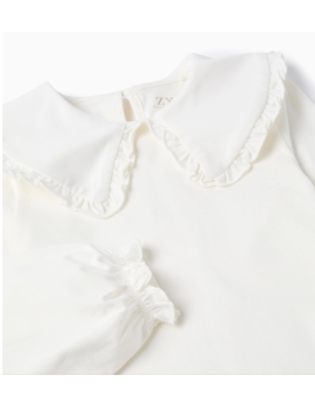 Camiseta con Cuello Maxi y contorno de Volante para Niña, Blanco
