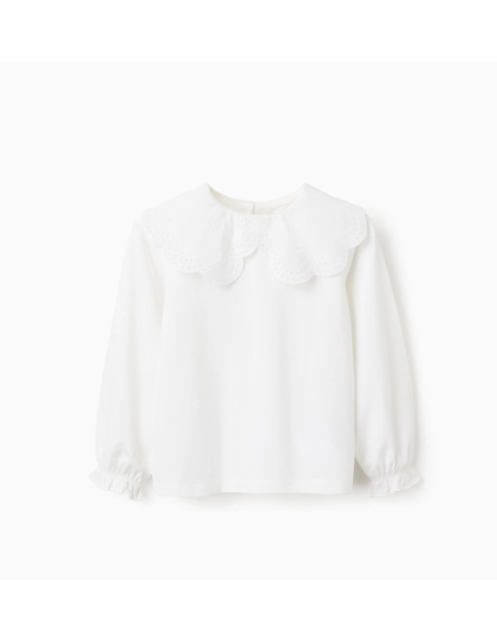 Camiseta de Manga Larga con Bordado Inglés para Niña, Blanca