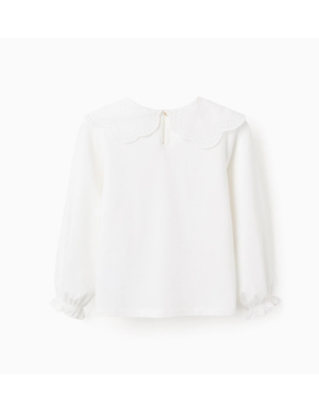 Camiseta de Manga Larga con Bordado Inglés para Niña, Blanca