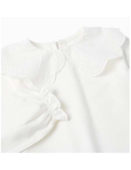 Camiseta de Manga Larga con Bordado Inglés para Niña, Blanca