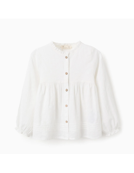 Camisa de Algodón con Textura y Volantes para Niña, Blanca