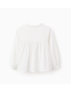 Camisa de Algodón con Textura y Volantes para Niña, Blanca 2