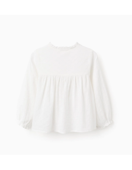 Camisa de Algodón con Textura y Volantes para Niña, Blanca