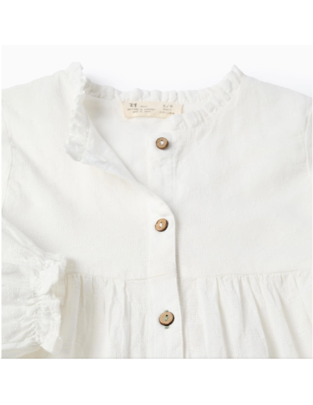Camisa de Algodón con Textura y Volantes para Niña, Blanca