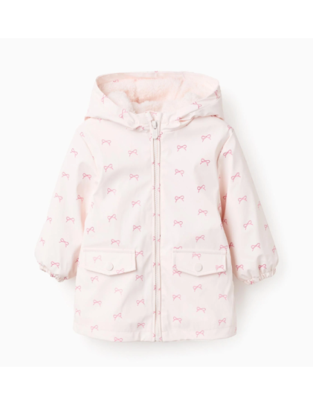 Parka de Goma con Capucha y Pelo para Bebé Niña 'Lazos', Rosa