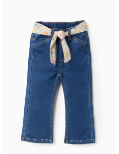 Pantalón Vaquero con Cinturón Floral para Bebé Niña, Azul
